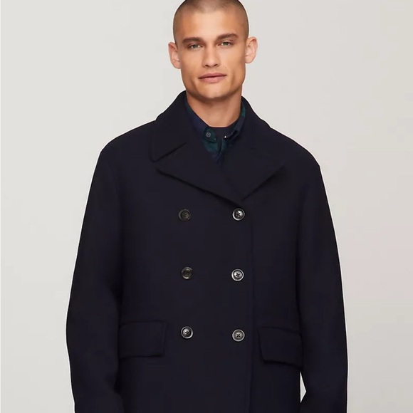 Tommy Hilfiger Wool Blend Double Breasted Black Pea Coat Size Large